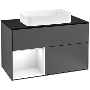 Villeroy und Boch Finion Waschtischunterschrank F242GFGK 100x60,3cm, Abdeckplatte black matt, Regal links Glossy white lacquer, Anthracite matt