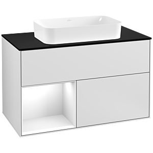 Villeroy und Boch Finion Waschtischunterschrank F242GFMT 100x60,3cm, Abdeckplatte black matt, Regal links Glossy white lacquer, White matt lacquer