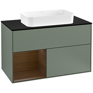 Villeroy und Boch Finion Waschtischunterschrank F242GNGM 100x60,3cm, Abdeckplatte black matt, Regal links Walnut veneer, Olive Matt Lacquer