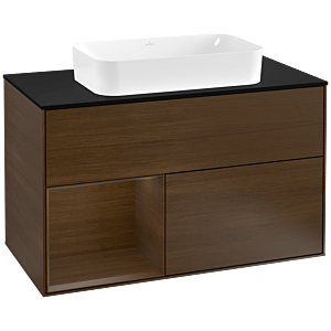 Villeroy und Boch Finion Waschtischunterschrank F242GNGN 100x60,3cm, Abdeckplatte black matt, Regal links Walnut veneer, Walnut veneer