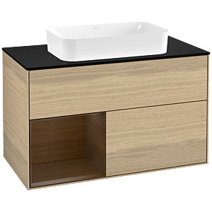 Villeroy et Boch Finion Villeroy et Boch F242GNPC 100x60.3cm, plaque de finition noir mat, étagère gauche placage noyer, Oak Veneer