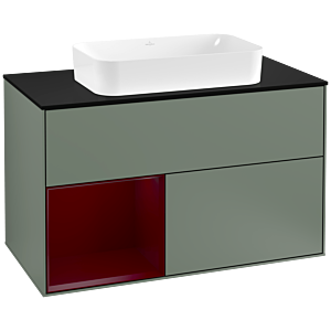 Villeroy und Boch Finion Waschtischunterschrank F242HBGM 100x60,3cm, Abdeckplatte black matt, Regal links Peony, Olive Matt Lacquer