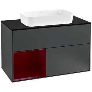 Villeroy und Boch Finion Waschtischunterschrank F242HBHG 100x60,3cm, Abdeckplatte black matt, Regal links Peony, Midnight Blue Matt Lacquer
