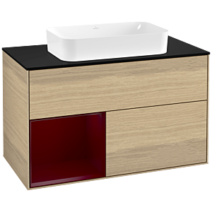 Villeroy und Boch Finion Waschtischunterschrank F242HBPC 100x60,3cm, Abdeckplatte black matt, Regal links Peony, Oak Veneer