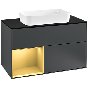 Villeroy und Boch Finion Waschtischunterschrank F242HFHG 100x60,3cm, Abdeckplatte black matt, Regal links Gold matt, Midnight Blue Matt Lacquer