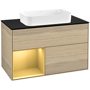 Villeroy et Boch Finion Villeroy et Boch F242HFPC 100x60,3cm, plaque de finition noir mat, étagère gauche or mat, Oak Veneer