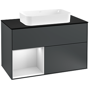 Villeroy et Boch Finion Villeroy et Boch F242MTHG 100x60,3cm, plaque de finition noir mat, étagère gauche laqué blanc mat, Midnight Blue Matt Lacquer