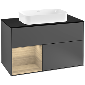 Villeroy und Boch Finion Waschtischunterschrank F242PCGK 100x60,3cm, Abdeckplatte black matt, Regal links Oak Veneer, Anthracite matt