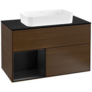 Villeroy und Boch Finion Waschtischunterschrank F242PDGN 100x60,3cm, Abdeckplatte black matt, Regal links Black matt lacquer, Walnut veneer