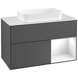 Villeroy et Boch Finion Villeroy et Boch F251GFGK 100x60,3cm, plaque de finition blanc mat, étagère à droite laqué blanc brillant, anthracite mat