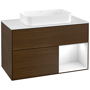 Villeroy et Boch Finion Villeroy et Boch F251GFGN 100x60,3cm, plaque de finition blanc mat, étagère à droite laqué blanc brillant, placage noyer
