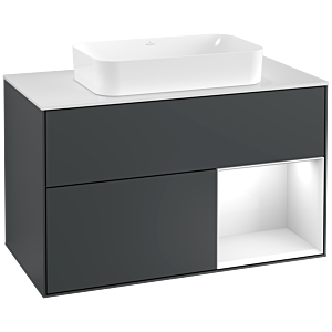 Villeroy et Boch Finion Villeroy et Boch F251GFHG 100x60,3cm, plaque de finition blanc mat, étagère à droite Laque blanc brillant, Midnight Blue Matt Lacquer