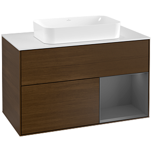 Villeroy et Boch Finion Villeroy et Boch F251GKGN 100x60,3cm, plaque de finition blanc mat, étagère à droite anthracite mat, placage noyer