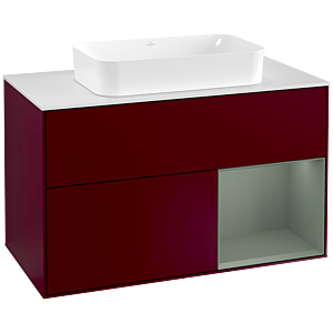 Villeroy et Boch Finion Villeroy et Boch F251GMHB 100x60,3cm, plaque de finition blanc mat, étagère à droite Olive Matt Lacquer , Peony Matt