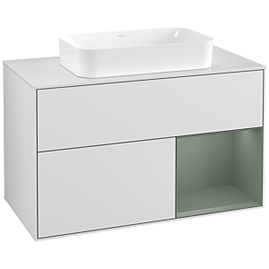 Villeroy und Boch Finion Waschtischunterschrank F251GMMT 100x60,3cm, Abdeckplatte white matt, Regal rechts Olive Matt Lacquer, White matt lacquer