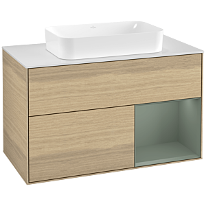Villeroy et Boch Finion Villeroy et Boch F251GMPC 100x60,3cm, plaque de finition blanc mat, étagère à droite Olive Matt Lacquer , Oak Veneer