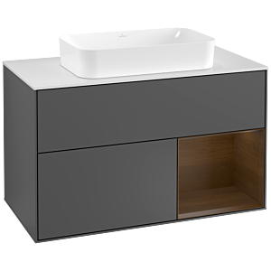 Villeroy et Boch Finion Villeroy et Boch F251GNGK 100x60,3cm, plaque de finition blanc mat, étagère à droite placage noyer, anthracite mat