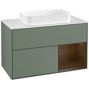 Villeroy et Boch Finion Villeroy et Boch F251GNGM 100x60,3cm, plaque de finition blanc mat, étagère à droite placage noyer, Olive Matt Lacquer