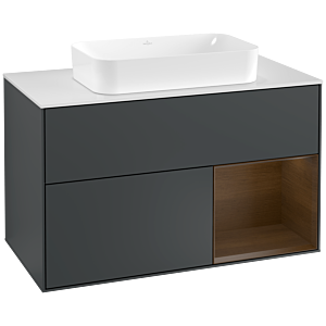 Villeroy und Boch Finion Waschtischunterschrank F251GNHG 100x60,3cm, Abdeckplatte white matt, Regal rechts Walnut veneer, Midnight Blue Matt Lacquer