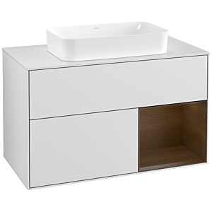 Villeroy und Boch Finion Waschtischunterschrank F251GNMT 100x60,3cm, Abdeckplatte white matt, Regal rechts Walnut veneer, White matt lacquer