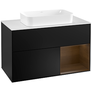 Villeroy und Boch Finion Waschtischunterschrank F251GNPD 100x60,3cm, Abdeckplatte white matt, Regal rechts Walnut veneer, Black matt lacquer