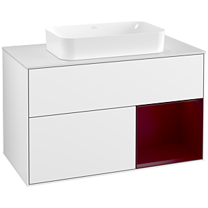 Villeroy et Boch Finion Villeroy et Boch F251HBGF 100x60,3cm, plaque de finition blanc mat, étagère à droite Peony , laqué blanc brillant