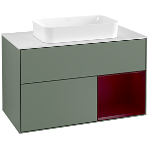 Villeroy et Boch Finion Villeroy et Boch F251HBGM 100x60,3cm, plaque de finition blanc mat, étagère à droite Peony , Olive Matt Lacquer