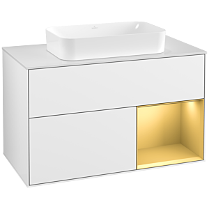 Villeroy et Boch Finion Villeroy et Boch F251HFGF 100x60,3cm, plaque de finition blanc mat, étagère à droite or mat, laqué blanc brillant