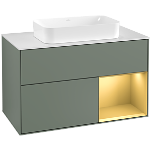 Villeroy und Boch Finion Waschtischunterschrank F251HFGM 100x60,3cm, Abdeckplatte white matt, Regal rechts Gold matt, Olive Matt Lacquer