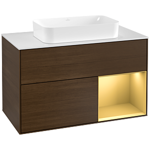 Villeroy und Boch Finion Waschtischunterschrank F251HFGN 100x60,3cm, Abdeckplatte white matt, Regal rechts Gold matt, Walnut veneer
