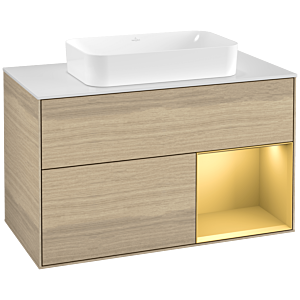 Villeroy und Boch Finion Waschtischunterschrank F251HFPC 100x60,3cm, Abdeckplatte white matt, Regal rechts Gold matt, Oak Veneer