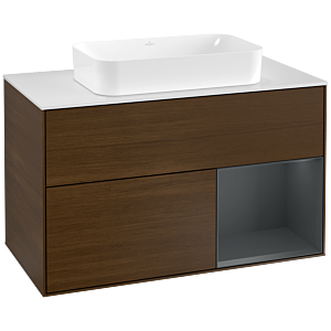 Villeroy und Boch Finion Waschtischunterschrank F251HGGN 100x60,3cm, Abdeckplatte white matt, Regal rechts Midnight Blue Matt Lacquer, Walnut veneer