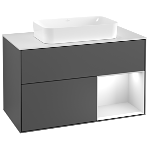 Villeroy et Boch Finion Villeroy et Boch F251MTGK 100x60,3cm, plaque de finition blanc mat, étagère à droite laqué blanc mat, anthracite mat