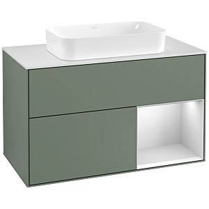 Villeroy et Boch Finion Villeroy et Boch F251MTGM 100x60,3cm, plaque de finition blanc mat, étagère à droite laqué blanc mat, Olive Matt Lacquer