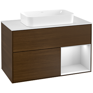 Villeroy et Boch Finion Villeroy et Boch F251MTGN 100x60,3cm, plaque de finition blanc mat, étagère à droite laqué blanc mat, placage noyer