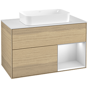 Villeroy und Boch Finion Waschtischunterschrank F251MTPC 100x60,3cm, Abdeckplatte white matt, Regal rechts White matt lacquer, Oak Veneer