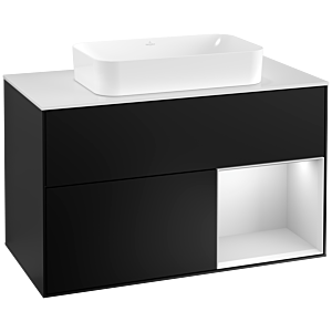 Villeroy et Boch Finion Villeroy et Boch F251MTPD 100x60,3cm, plaque de finition blanc mat, étagère à droite laqué blanc mat, laqué noir mat