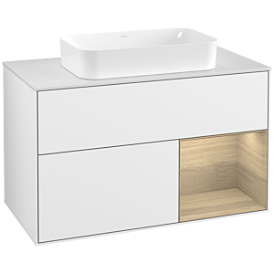 Villeroy und Boch Finion Waschtischunterschrank F251PCGF 100x60,3cm, Abdeckplatte white matt, Regal rechts Oak Veneer, Glossy white lacquer
