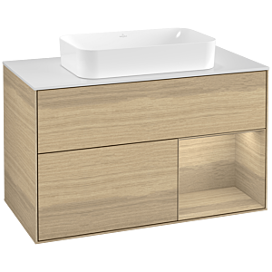 Villeroy und Boch Finion Waschtischunterschrank F251PCPC 100x60,3cm, Abdeckplatte white matt, Regal rechts Oak Veneer, Oak Veneer