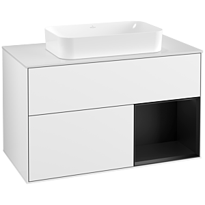 Villeroy et Boch Finion Villeroy et Boch F251PDGF 100x60,3cm, plaque de recouvrement blanc mat, étagère à droite laqué noir mat, laqué blanc brillant