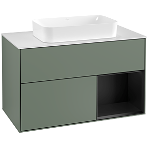 Villeroy et Boch Finion Villeroy et Boch F251PDGM 100x60,3cm, plaque de finition blanc mat, étagère à droite laqué noir mat, Olive Matt Lacquer