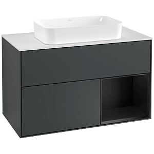 Villeroy et Boch Finion Villeroy et Boch F251PDHG 100x60,3cm, plaque de finition blanc mat, étagère à droite laqué noir mat, Midnight Blue Matt Lacquer