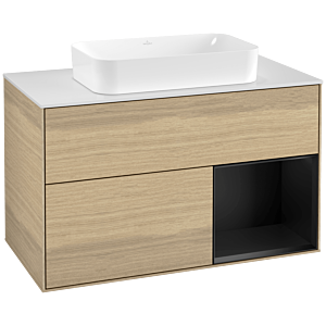 Villeroy et Boch Finion Villeroy et Boch F251PDPC 100x60,3cm, plaque de finition blanc mat, étagère à droite laqué noir mat, Oak Veneer