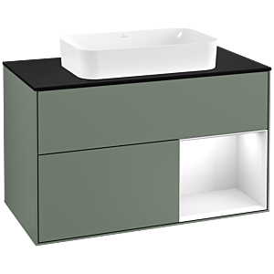 Villeroy et Boch Finion Villeroy et Boch F252GFGM 100x60,3cm, plaque de finition noir mat, étagère à droite Laque blanc brillant, Olive Matt Lacquer
