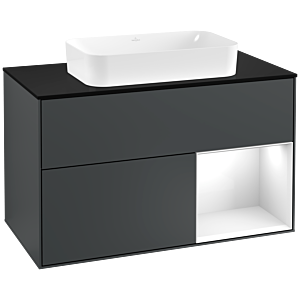 Villeroy et Boch Finion Villeroy et Boch F252GFHG 100x60,3cm, plaque de finition noir mat, étagère à droite Laque blanc brillant, Midnight Blue Matt Lacquer