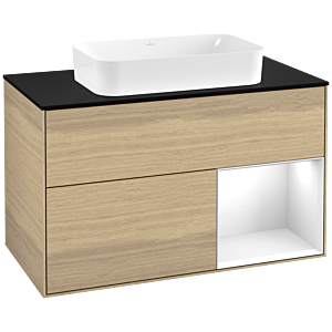 Villeroy et Boch Finion Villeroy et Boch F252GFPC 100x60,3cm, plaque de finition noir mat, étagère à droite Laque blanc brillant, Oak Veneer