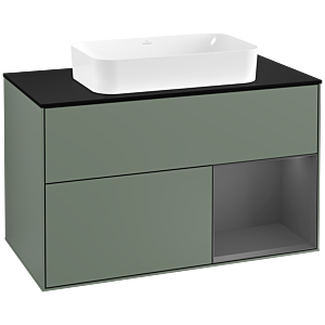 Villeroy und Boch Finion Waschtischunterschrank F252GKGM 100x60,3cm, Abdeckplatte black matt, Regal rechts Anthracite matt, Olive Matt Lacquer