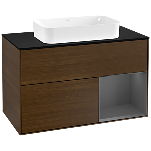 Villeroy und Boch Finion Waschtischunterschrank F252GKGN 100x60,3cm, Abdeckplatte black matt, Regal rechts Anthracite matt, Walnut veneer