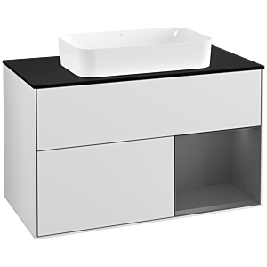 Villeroy und Boch Finion Waschtischunterschrank F252GKMT 100x60,3cm, Abdeckplatte black matt, Regal rechts Anthracite matt, White matt lacquer