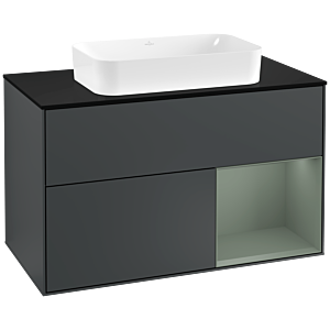 Villeroy und Boch Finion Waschtischunterschrank F252GMHG 100x60,3cm, Abdeckplatte black matt, Regal rechts Olive Matt Lacquer, Midnight Blue Matt Lacquer